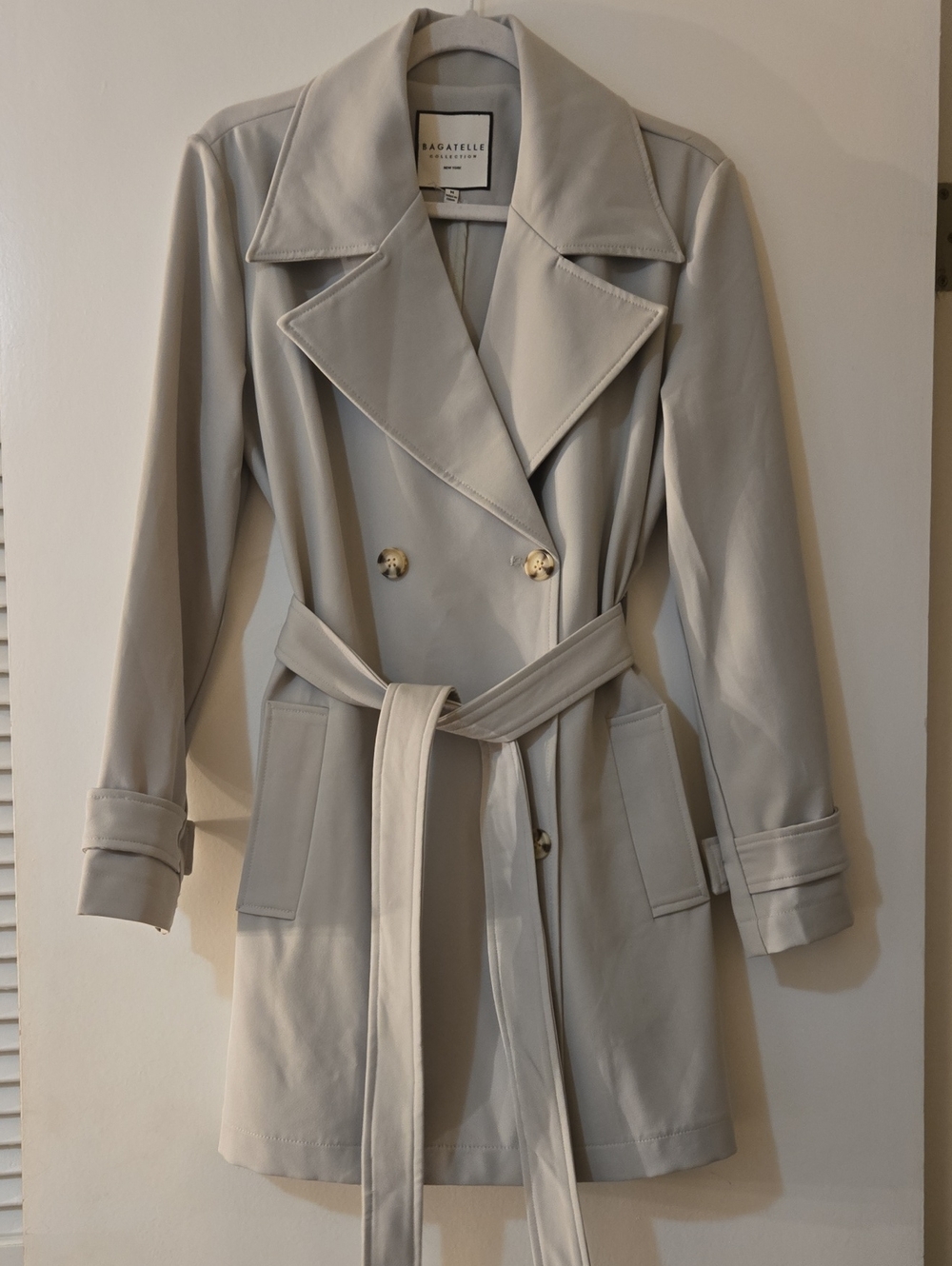bagatelle Light Green Double-Breasted Trench Coat with Waist Tie
